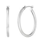 14K White Gold Polished Thin Round Tube Medium Hoop Earrings