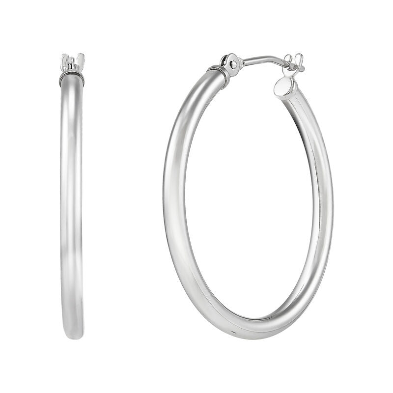 14K White Gold Polished Thin Round Tube Medium Hoop Earrings