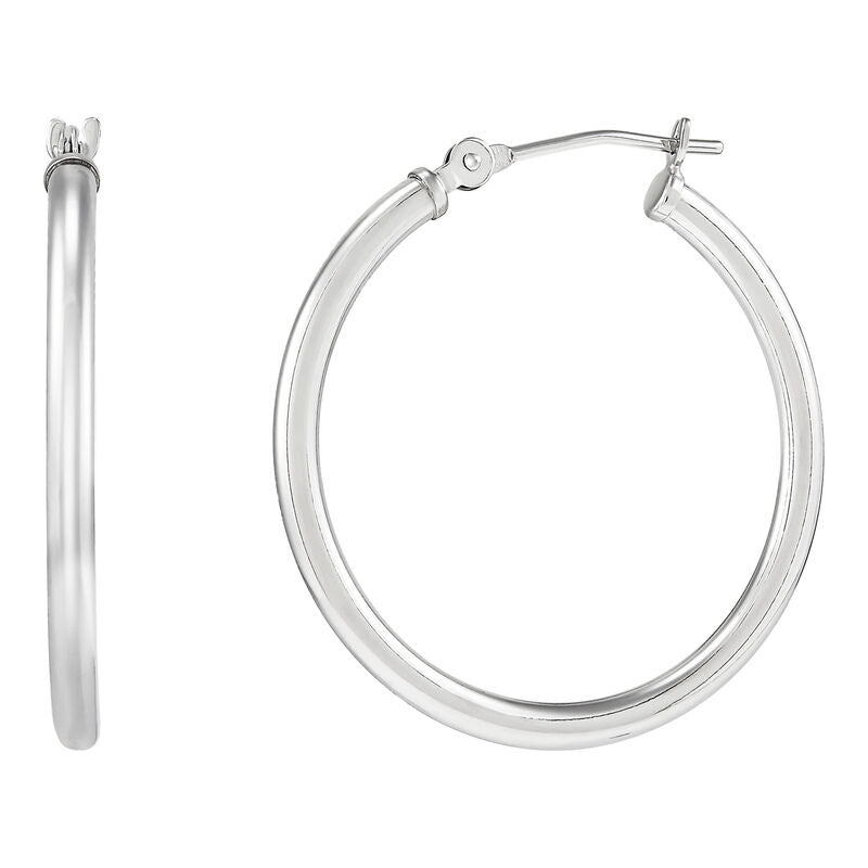 14K White Gold Polished Thin Round Tube Medium Hoop Earrings