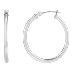 14K White Gold Polished Thin Round Tube Medium Hoop Earrings