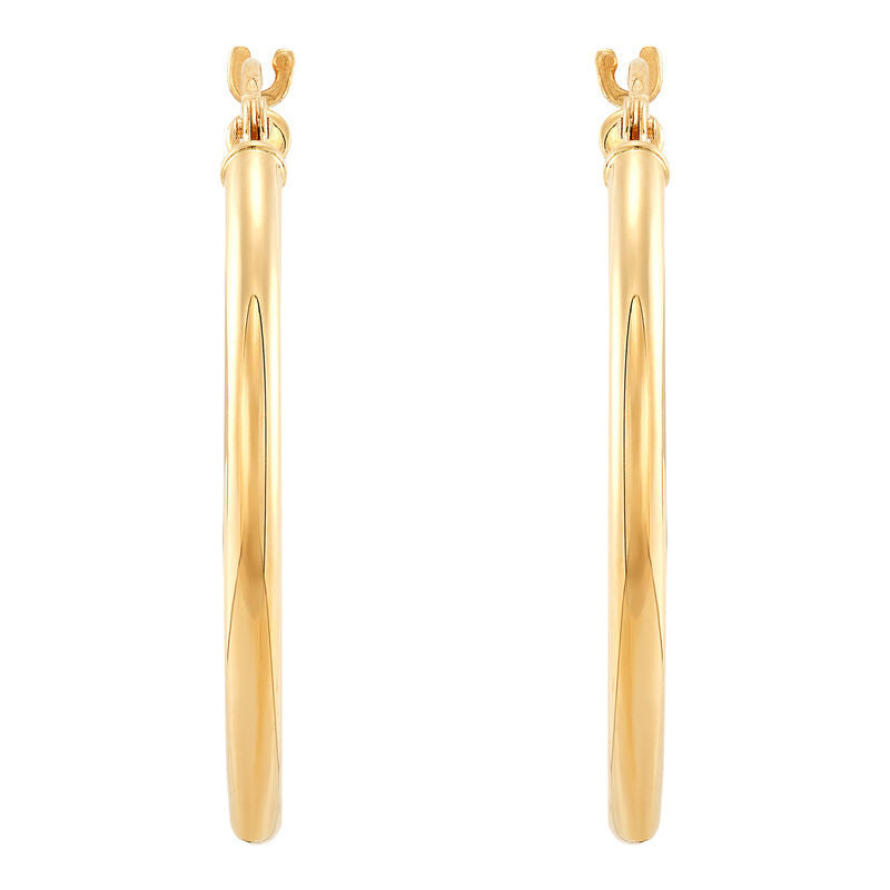14K Yellow Gold Polished Round Thin Tube Medium Hoop Earrings