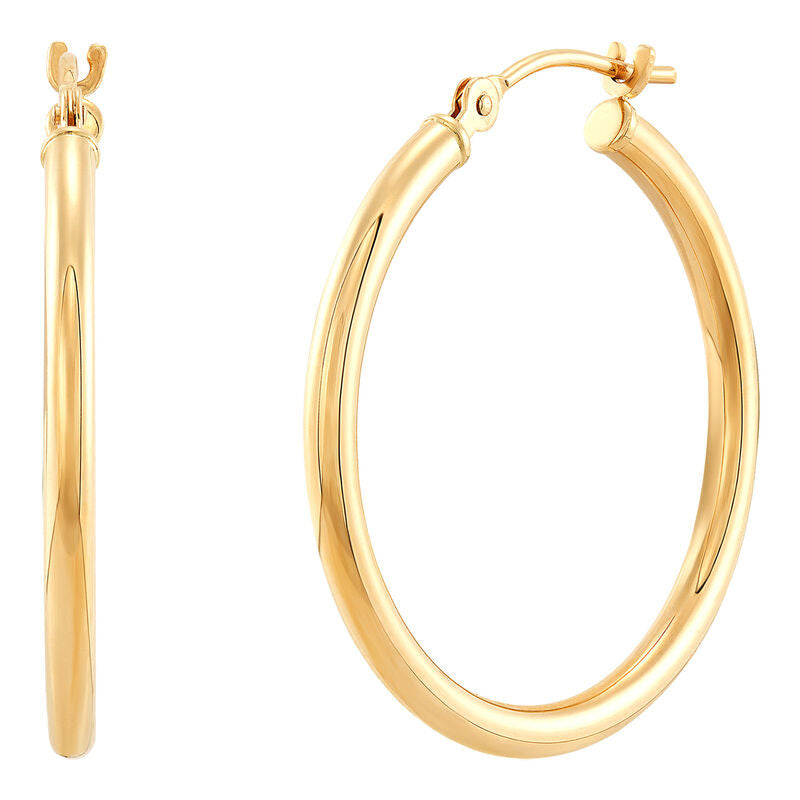 14K Yellow Gold Polished Round Thin Tube Medium Hoop Earrings