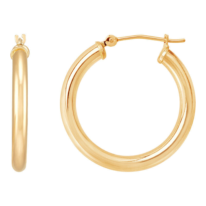 14K Yellow Gold Polished Round Tube Medium Hoop Earrings