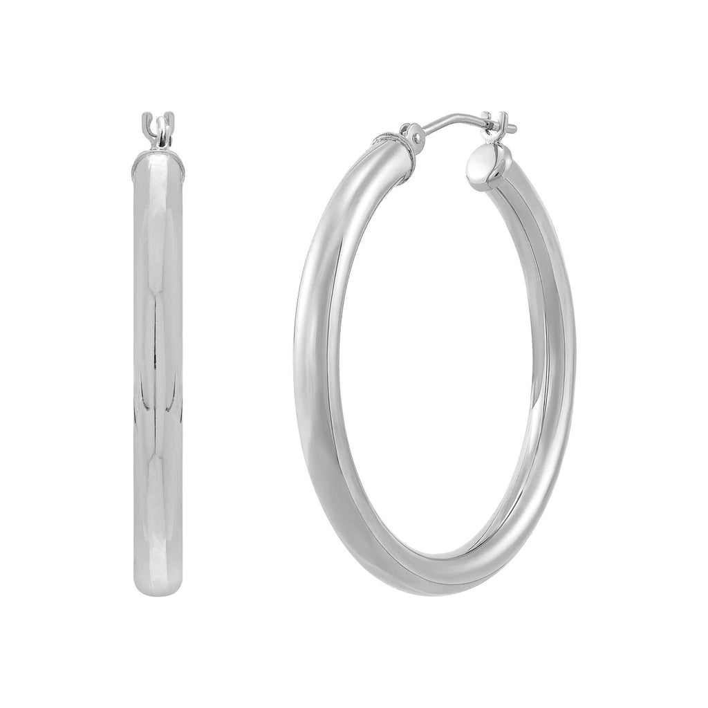 14K White Gold Polished Round Tube Medium Hoop Earrings