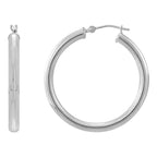14K White Gold Polished Round Tube Medium Hoop Earrings