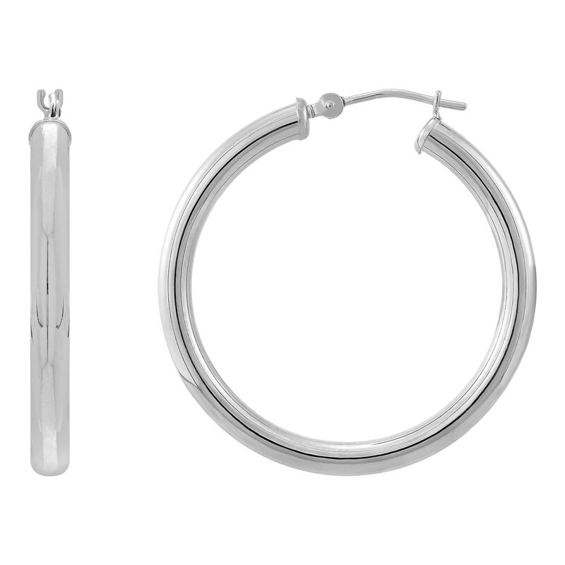 14K White Gold Polished Round Tube Medium Hoop Earrings