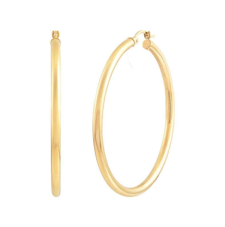 14K Yellow Gold Polished Round Tube Large  Hoop Earrings