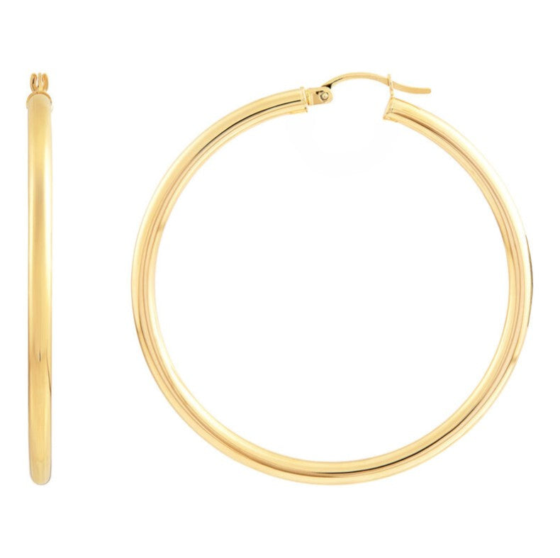 14K Yellow Gold Polished Round Tube Large  Hoop Earrings