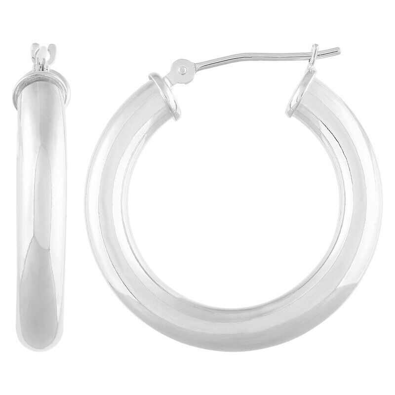 14K White Gold Polished Round Tube Small Hoop Earrings
