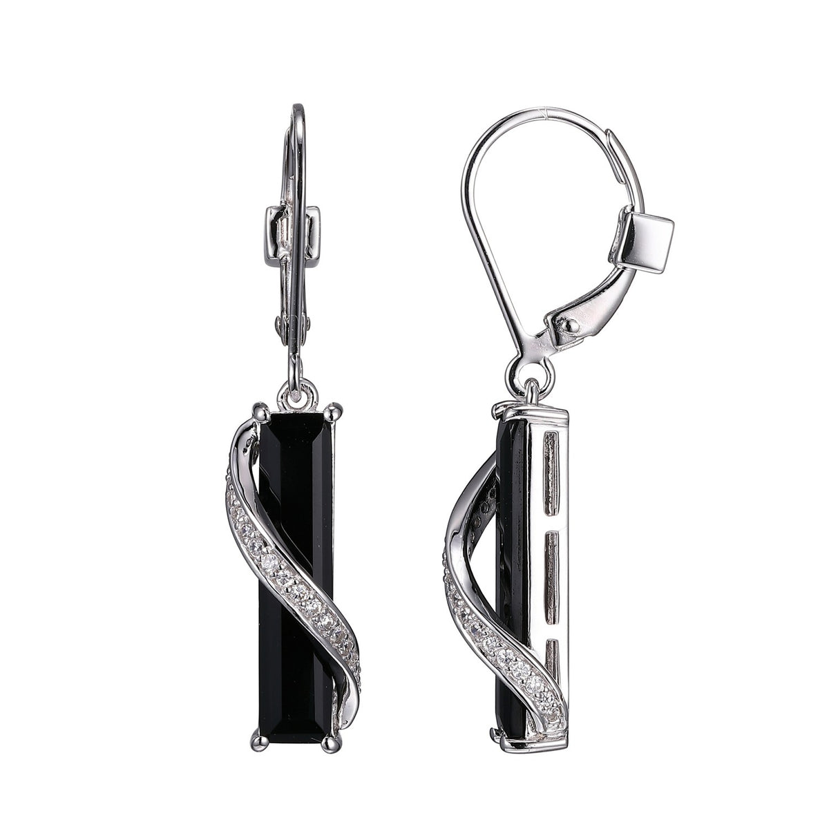 Lady's White Sterling Silver Black Agate Cz Dangle Earrings