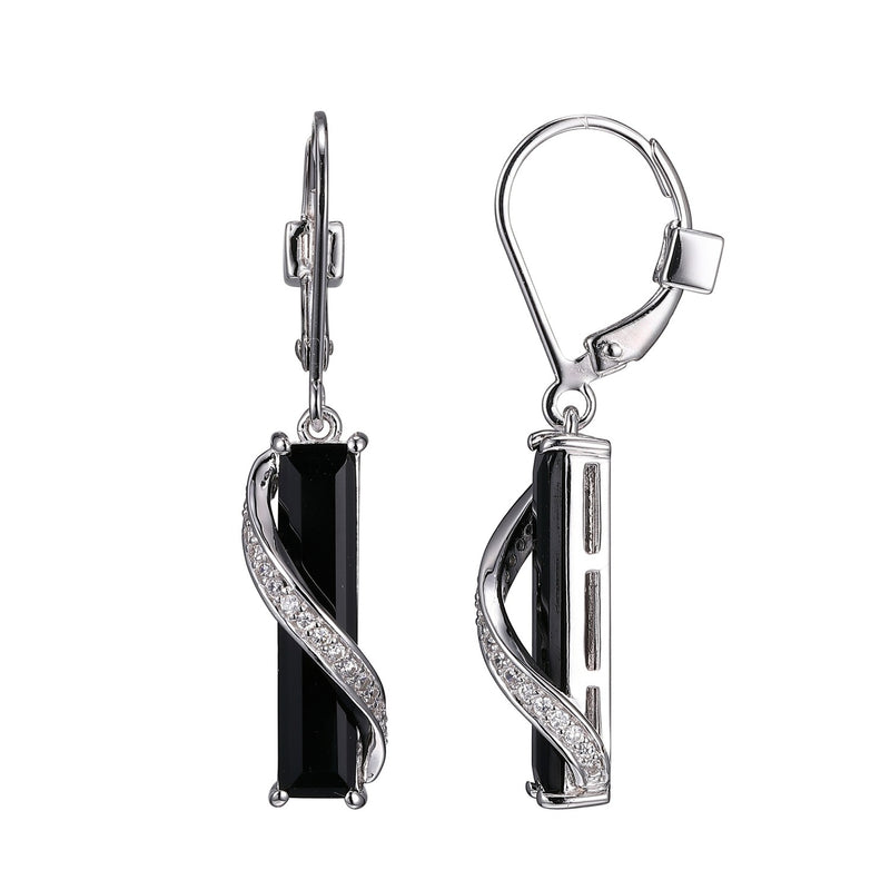 Lady's White Sterling Silver Black Agate Cz Dangle Earrings