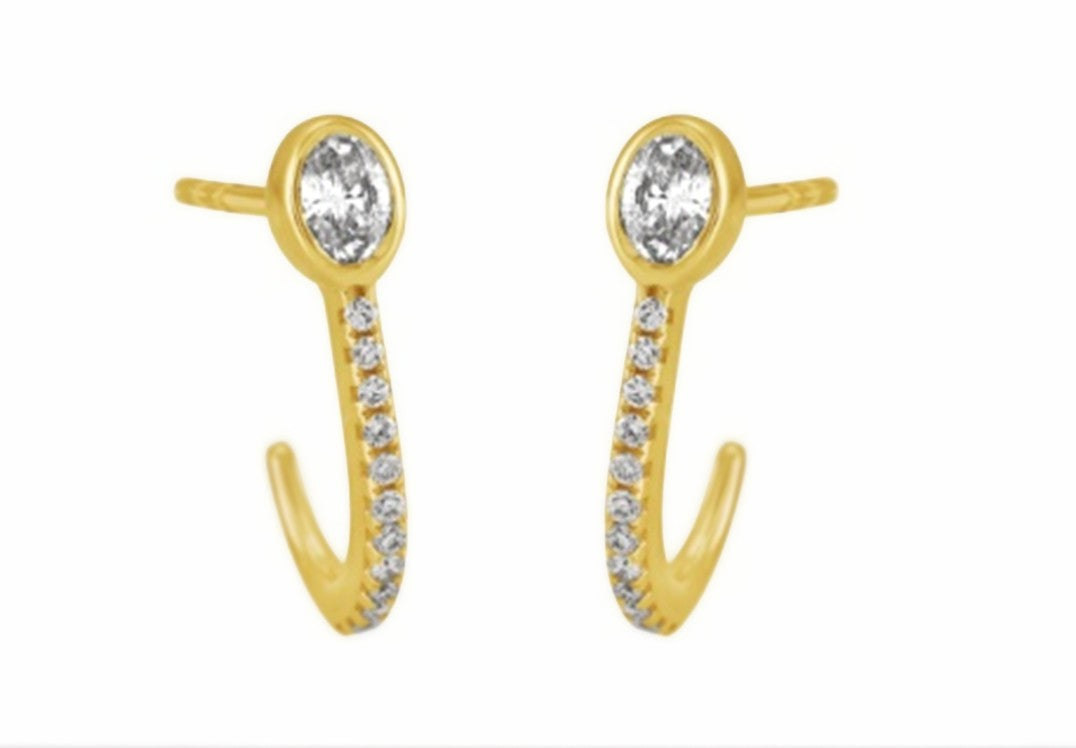 14K Yellow Gold Diamond J-Hoop Push Back Earrings