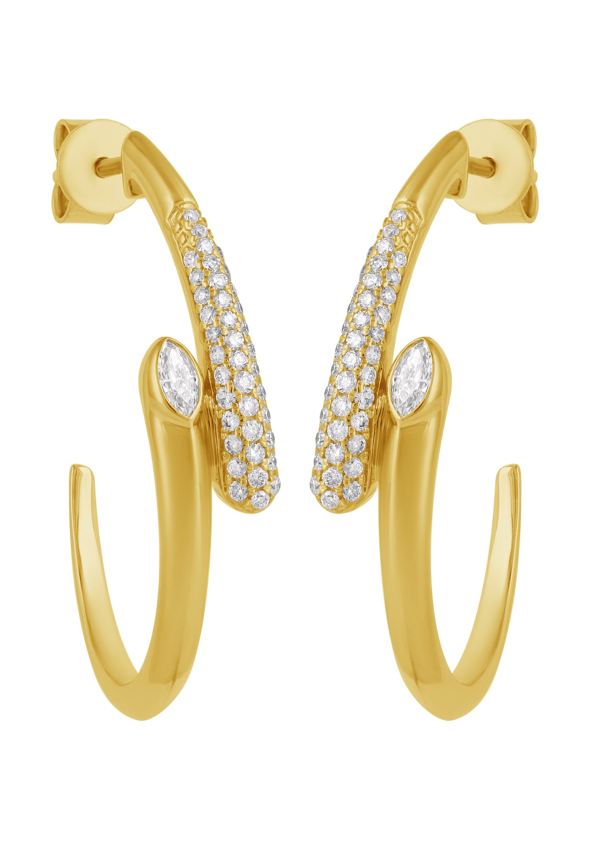 14K Yellow Gold Push Back Diamond J-Hoop Earrings