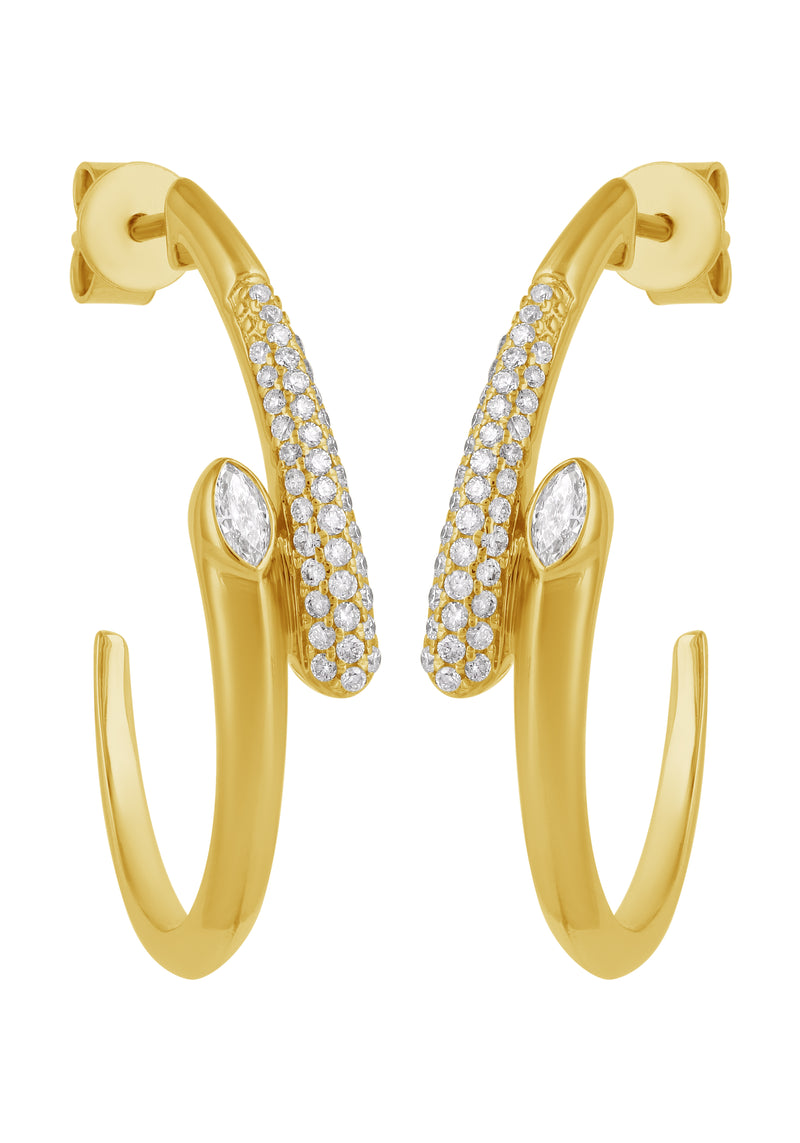 14K Yellow Gold Push Back Diamond J-Hoop Earrings