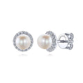 14K White Gold Pearl Diamond Halo Button Earrings