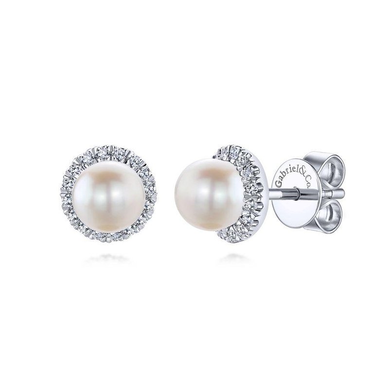 Lady's White 14 Karat Pearl Diamond Halo Button Earrings