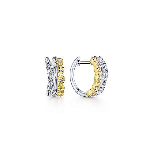 14K Two Tone Criss Cross Diamond Huggie Earrings