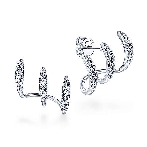 Lady's White 14 Karat Triple Diamond Huggie Earrings