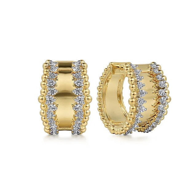 14K Yellow Gold Diamond Huggie Hoop Earrings