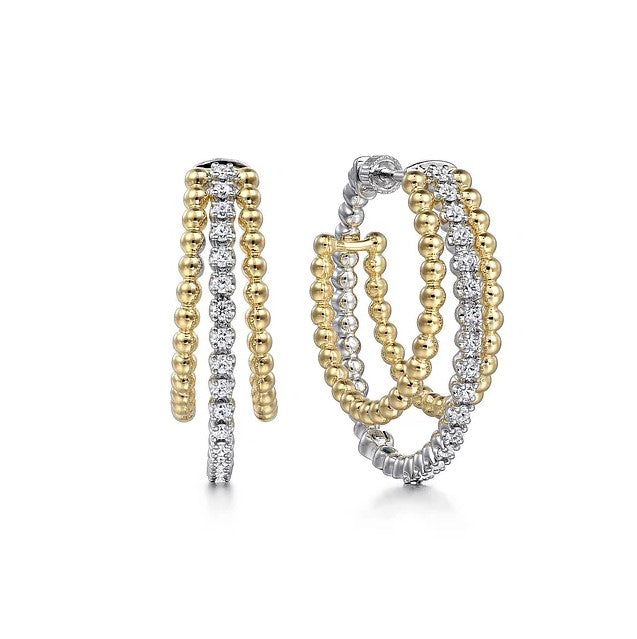 Two Tone 14K White & Yellow Gold Diamond Hoop Earrings