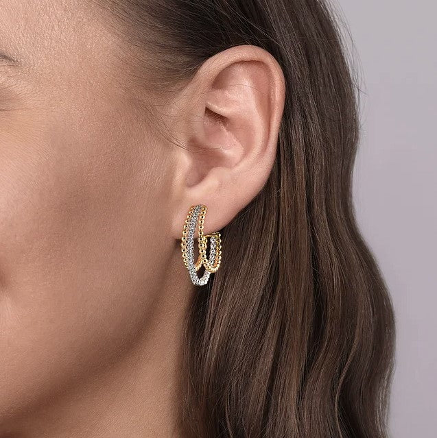 Two Tone 14K White & Yellow Gold Diamond Hoop Earrings