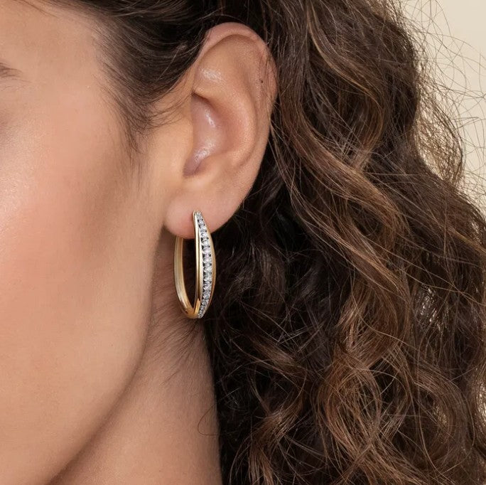 Two Tone 14K Yellow & White Gold Diamond Hoop Earrings