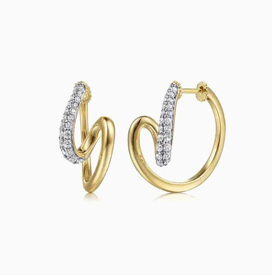 Two Tone 14K Yellow & White Gold Diamond Swirl Hoop Earrings