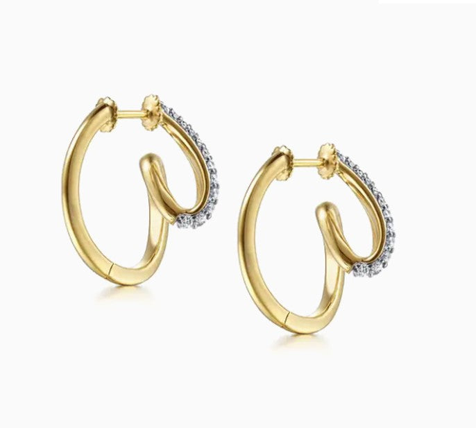 Two Tone 14K Yellow & White Gold Diamond Swirl Hoop Earrings