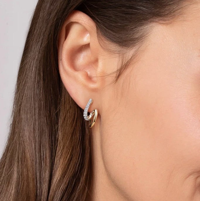 Two Tone 14K Yellow & White Gold Diamond Swirl Hoop Earrings