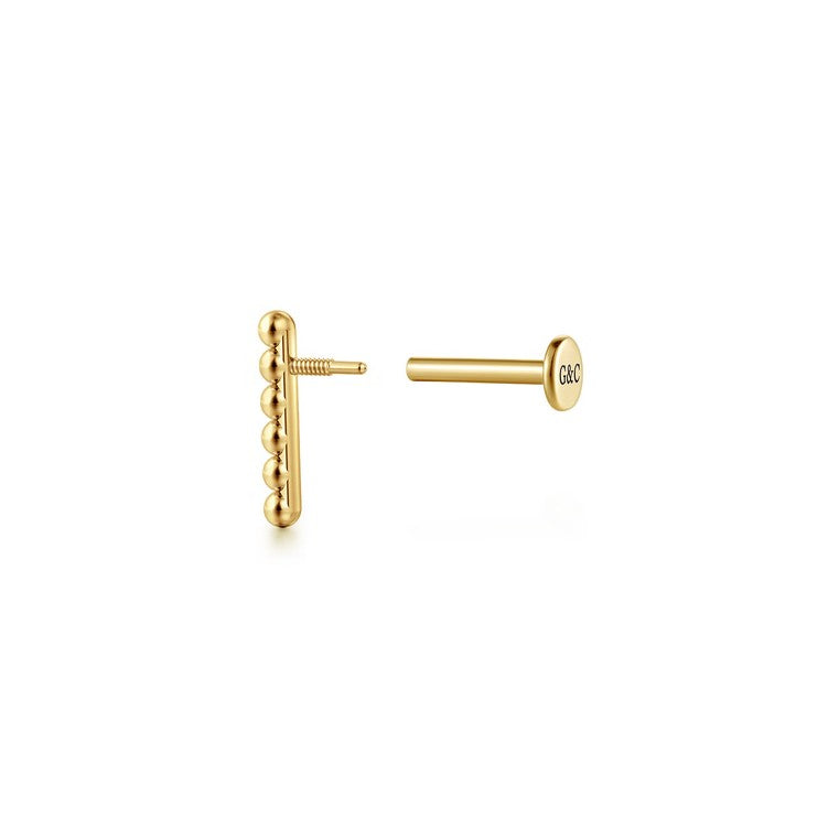 14K Gold Beaded Bar Single Flatback Stud Earring