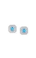 10K White Gold Blue Topaz and Diamond Halo Button Earrings