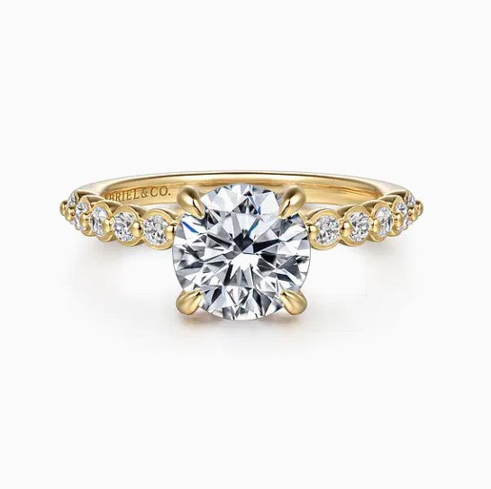 14K Yellow Gold Hidden Halo Shared- Prong Diamon Semi-Mount Ring