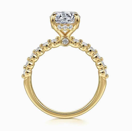14K Yellow Gold Hidden Halo Shared- Prong Diamon Semi-Mount Ring