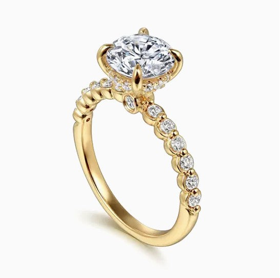 14K Yellow Gold Hidden Halo Shared- Prong Diamon Semi-Mount Ring