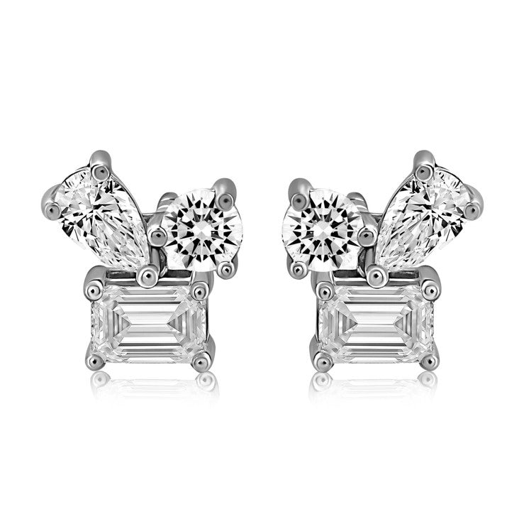 14K White Gold Multi-Shape Diamond Cluster Earrings