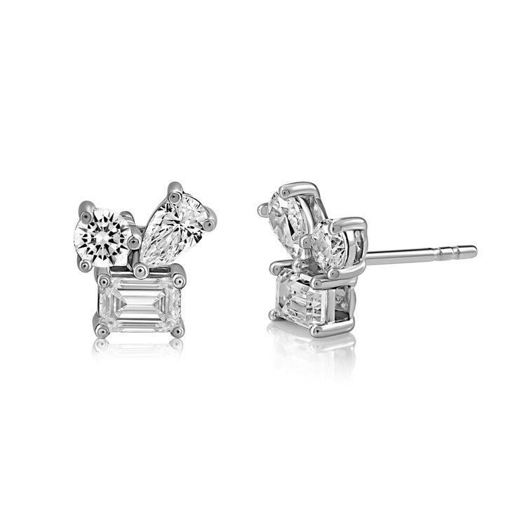 14K White Gold Multi-Shape Diamond Cluster Earrings