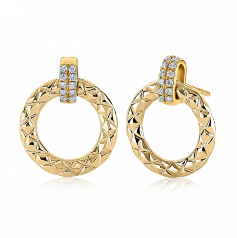 14K Yellow Gold Quilted Door Knocker Diamond Earrings