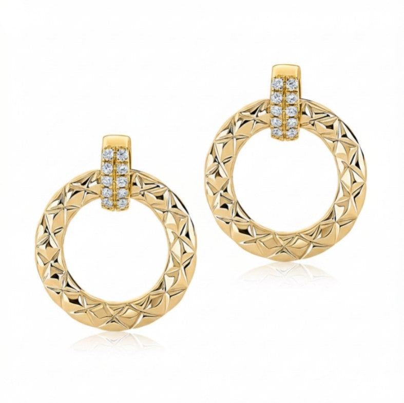14K Yellow Gold Quilted Door Knocker Diamond Earrings