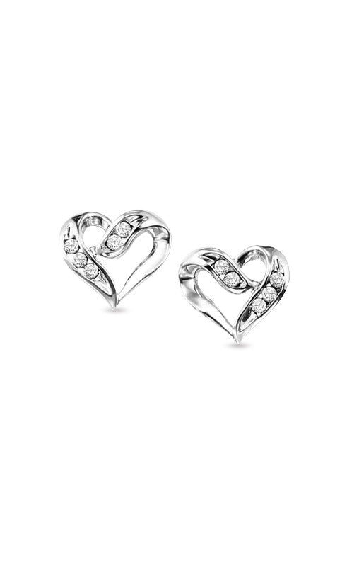 Sterling Silver Open Heart Diamond Button Earrings