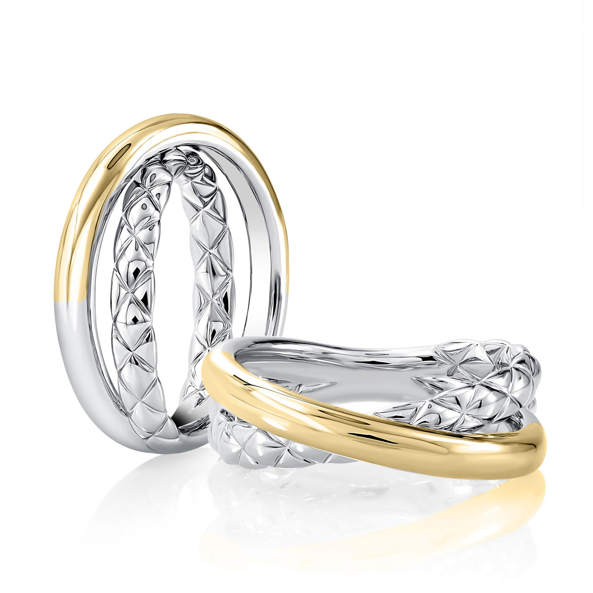 Two Tone Sterling Silver & 14K Yellow Gold Crossover Quilted Ring