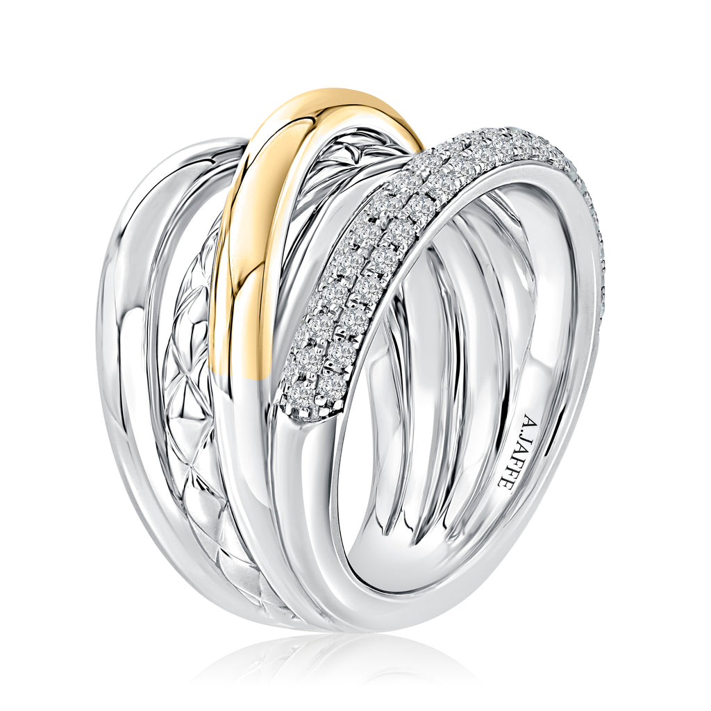 Two Tone Sterling Silver & 14K Yellow Gold Five Row Diamond Crossover Ring