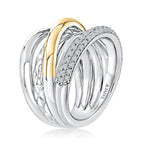 Two Tone Sterling Silver & 14K Yellow Gold Five Row Diamond Crossover Ring