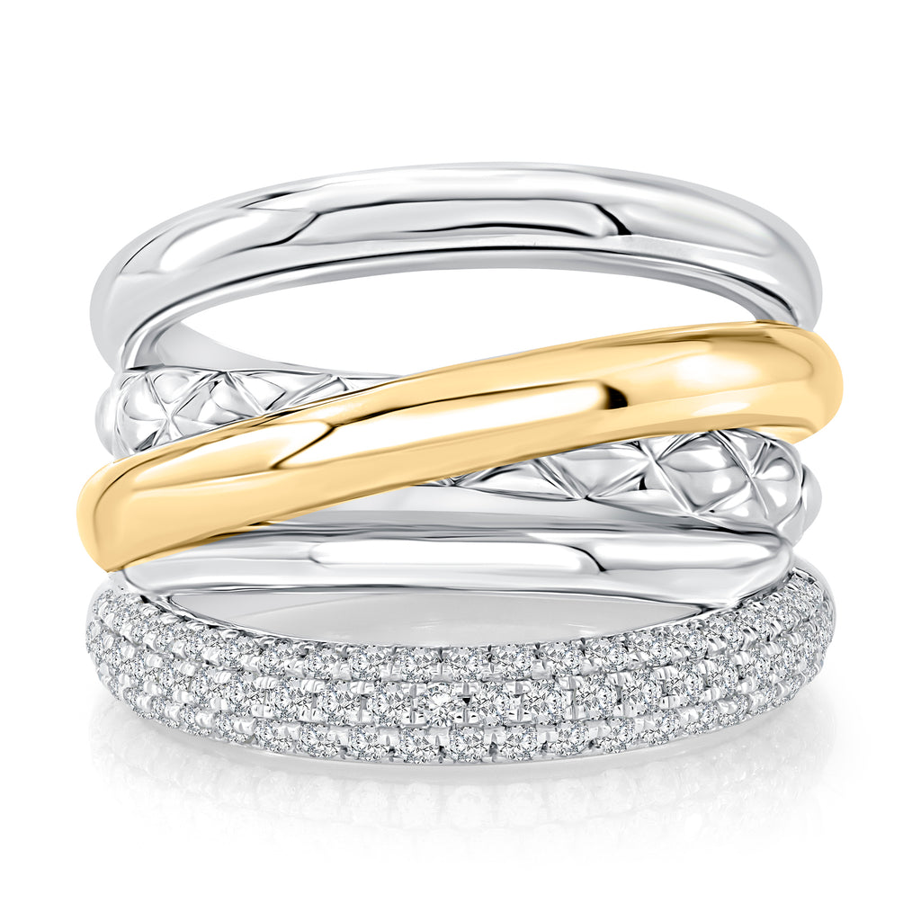Two Tone Sterling Silver & 14K Yellow Gold Five Row Diamond Crossover Ring