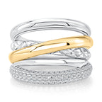 Two Tone Sterling Silver & 14K Yellow Gold Five Row Diamond Crossover Ring