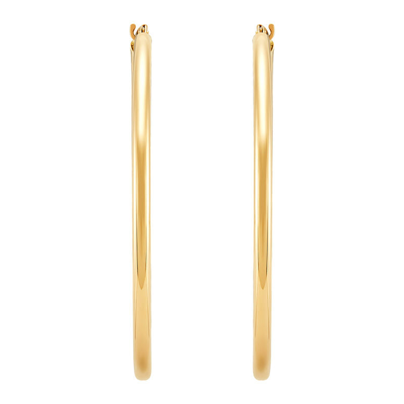 14K Yellow Gold Polished Round Thin Tube Medium Hoop Earrings