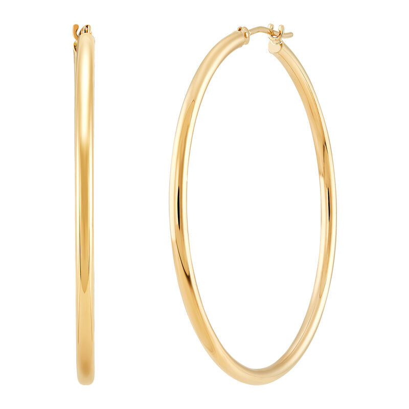 14K Yellow Gold Polished Round Thin Tube Medium Hoop Earrings