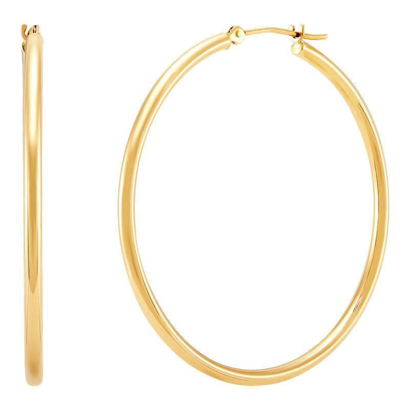 14K Yellow Gold Polished Round Thin Tube Medium Hoop Earrings