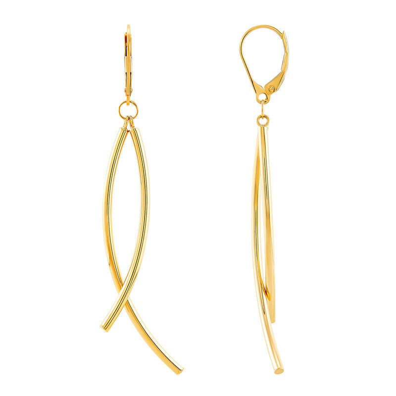 14K Yellow Gold Polished Curved Bypass Tube Drop Earrings, Lever Backs
