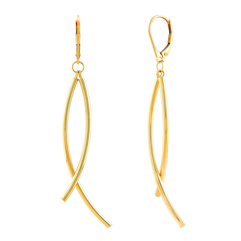 14K Yellow Gold Polished Curved Bypass Tube Drop Earrings, Lever Backs