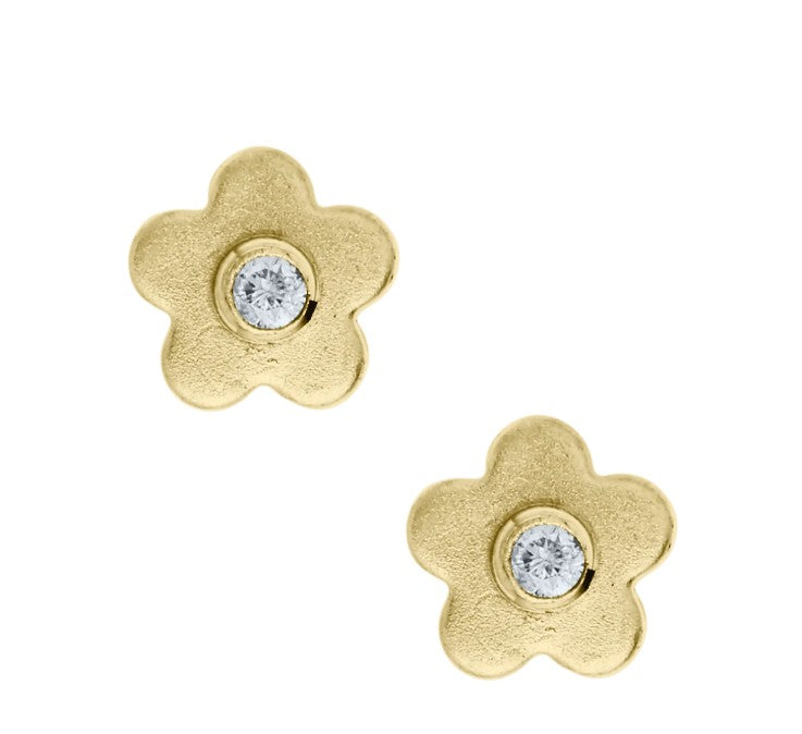 Children's 14K Gold Satin Finish Flower Stud Diamond Earrings